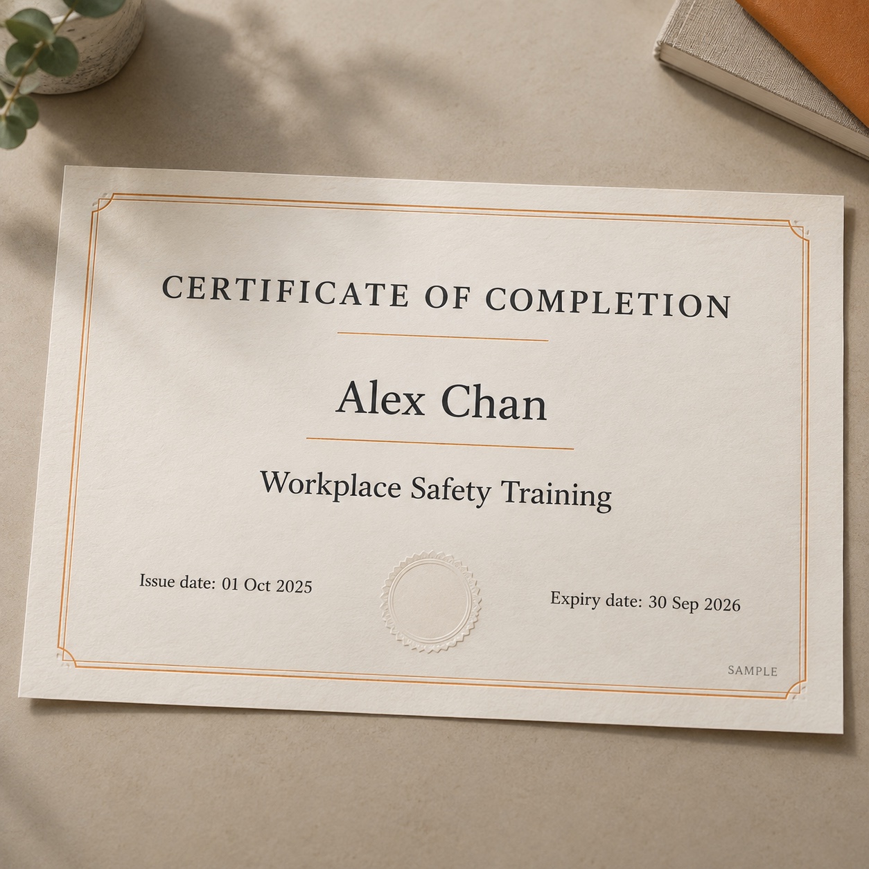 Photograph of a sample Workplace Safety Training certificate for Alex Chan, issued 1 October 2025 and expiring 30 September 2026