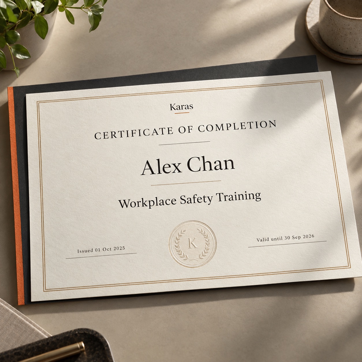Printed Karas certificate of completion for Alex Chan in Workplace Safety Training, on a charcoal folder in natural light