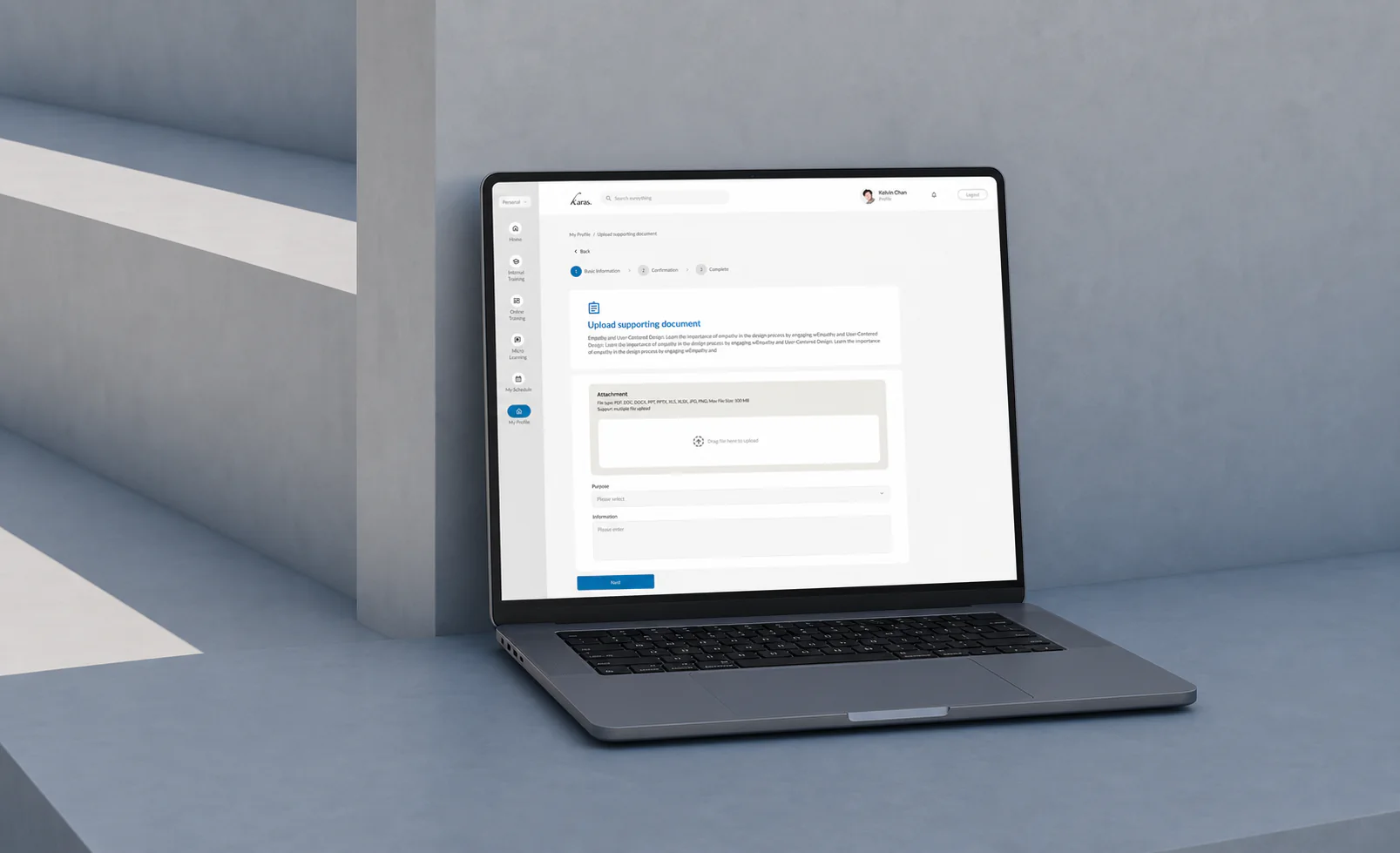 MacBook mockup showing the Karas supporting document upload interface