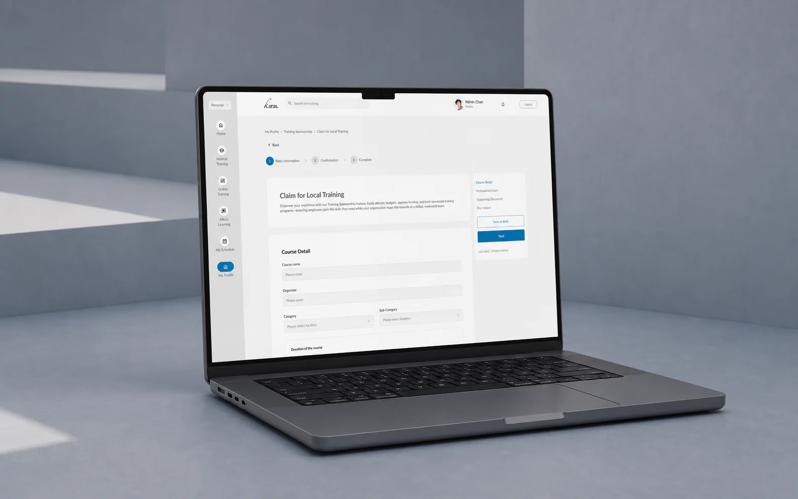 MacBook mockup showing the Karas external training claim interface