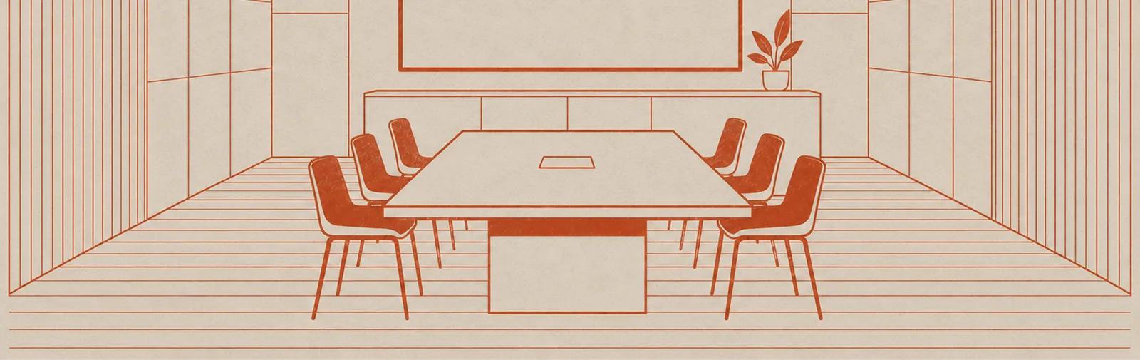 Illustrated internal training room with a conference table and seating