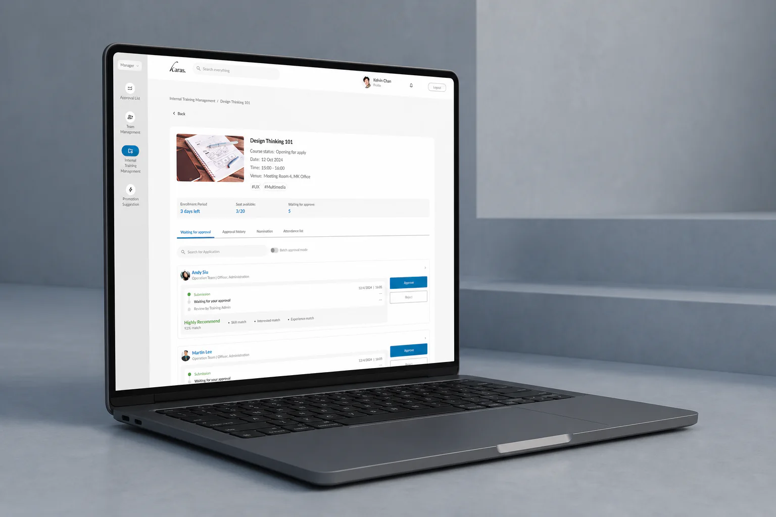 MacBook mockup showing the Karas internal training approval workflow interface