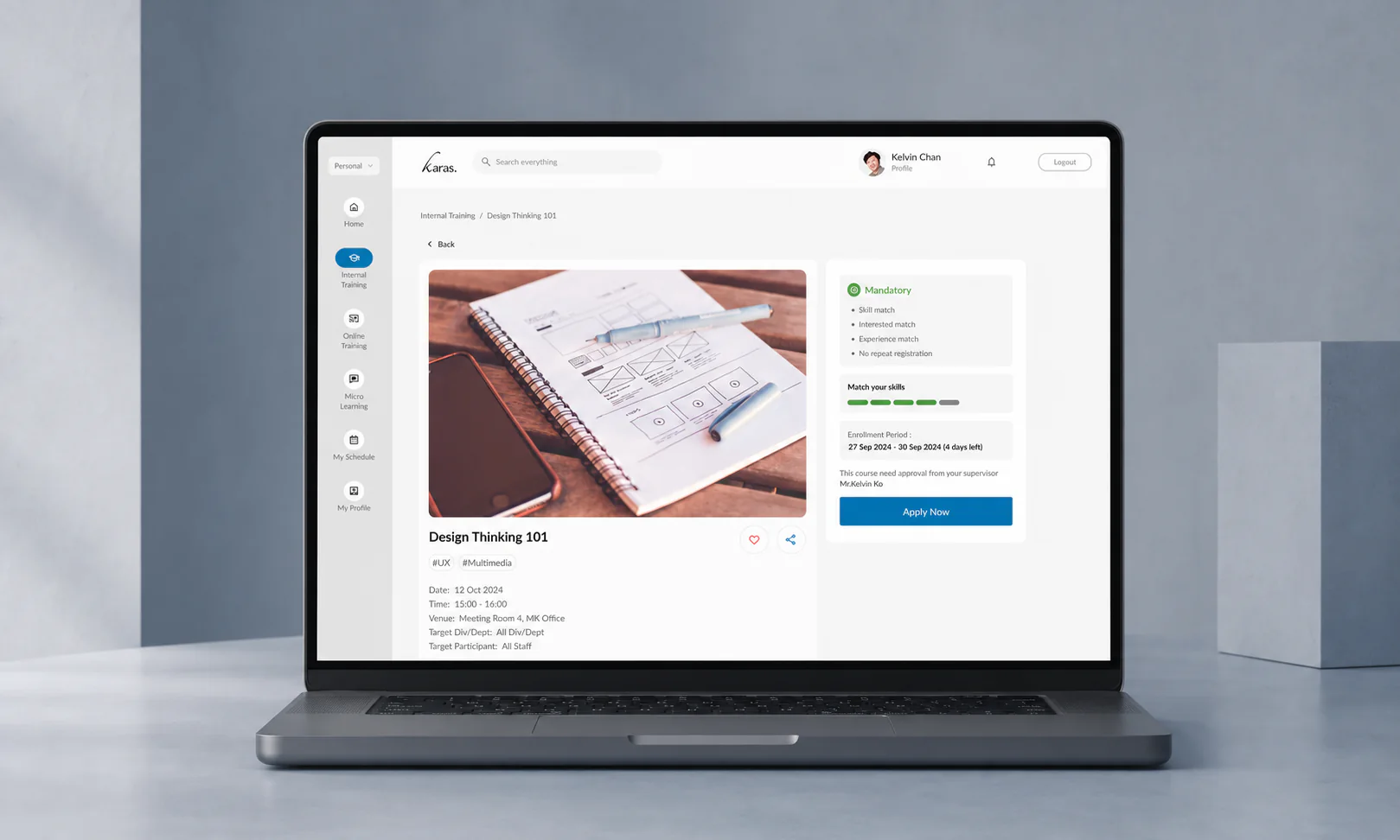 MacBook mockup showing the Karas internal training course detail and application interface