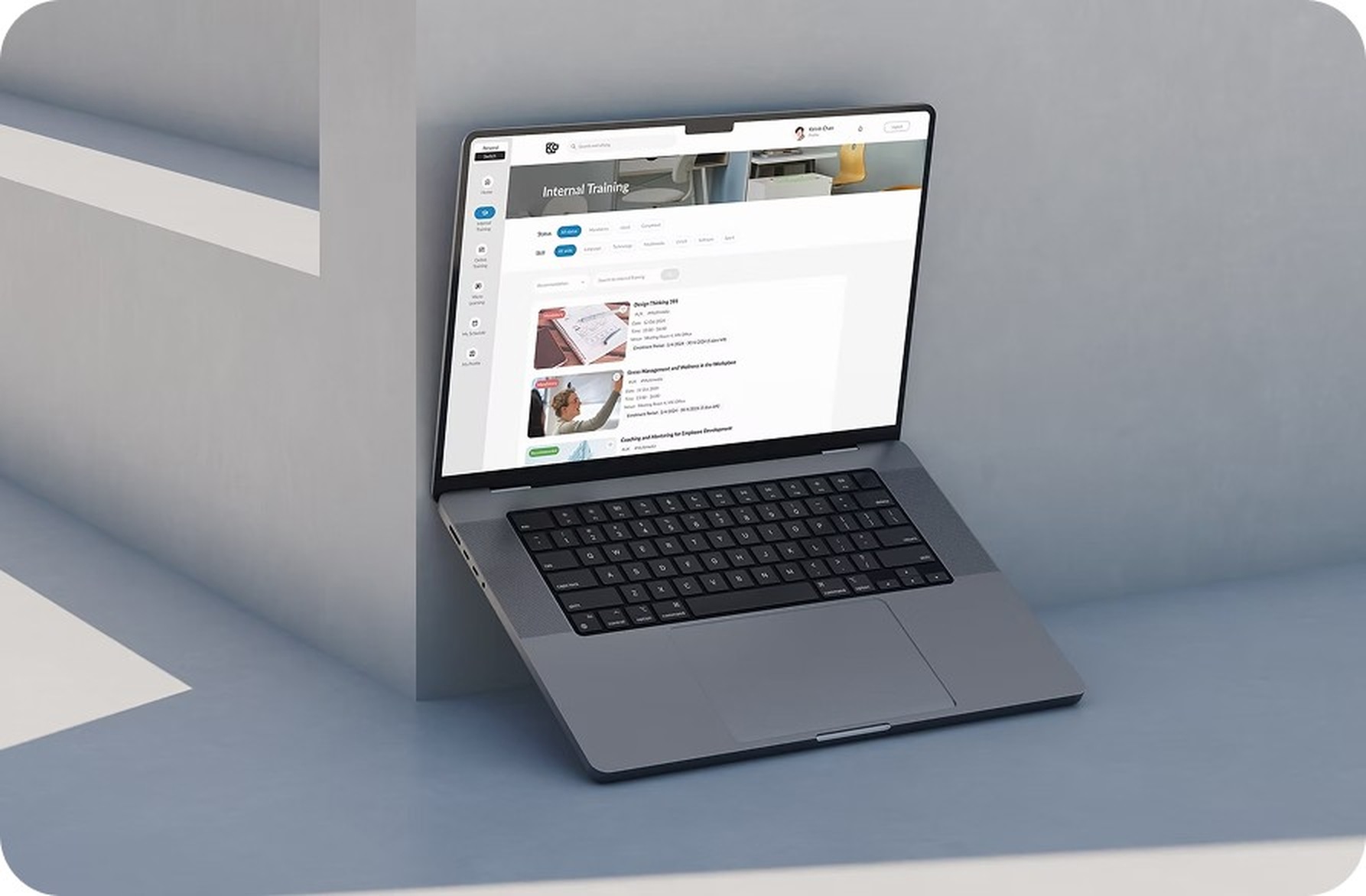 MacBook mockup showing the Karas internal training course list interface