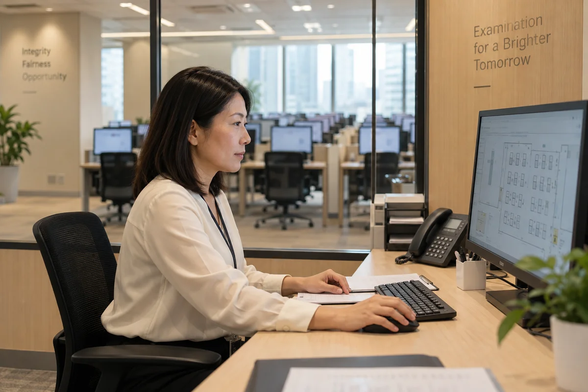 Exam administrator reviewing a seating plan at a computer examination centre