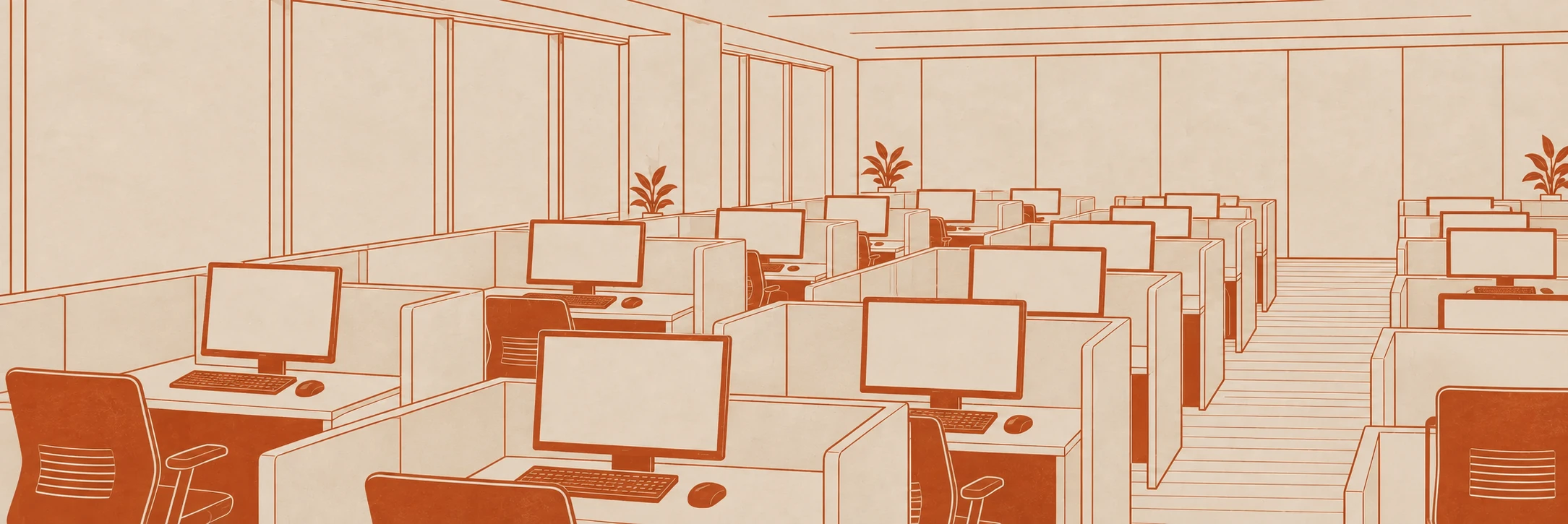 Orange line illustration of an empty examination centre with rows of partitioned computer desks and chairs