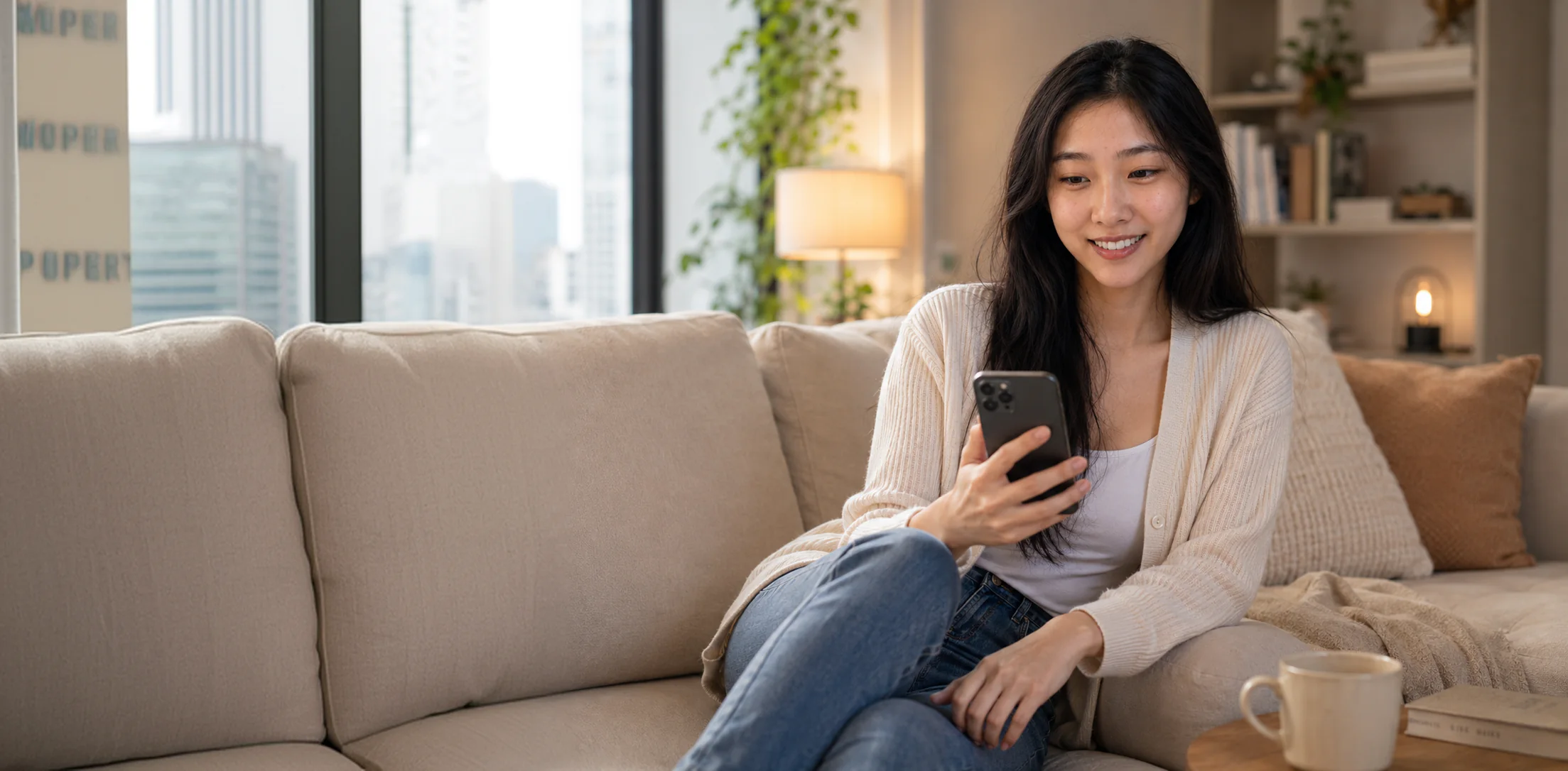 Employee accessing micro learning from her phone at home