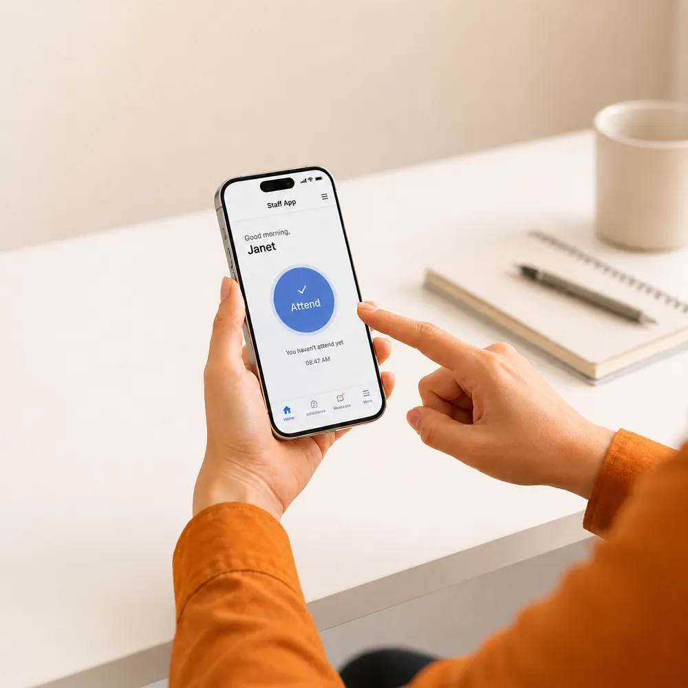 Employee confirming attendance in the staff app